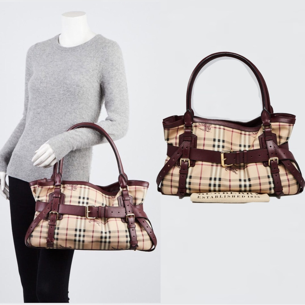 💯Authentic Burberry EUC Haymarket Check Leather Belted Buckle Bag Handbag Purse